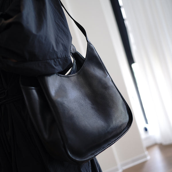 Cute Black Leather Long Strap Tote Bag - Side View