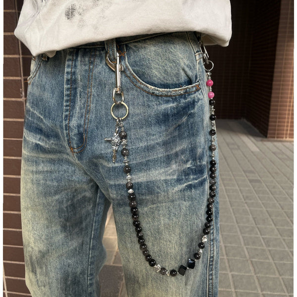 Black Turquoise Stone Bead Wallet Chain Beaded - Back View