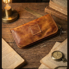 Close-up of antique brass zipper on long leather clutch wallet