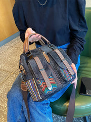 Canvas Convertible Handbag Crossbody Bag With outside Pockets Black Gray Canvas Embroidery Convertible Backpack Shoulder Bag - Feltify