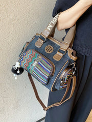 Black Gray Canvas Shoulder Boston Bag Embroidery Canvas Handbag Black Gray Canvas Boston Handbag - Feltify