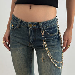 Pearl Wallet Chain Gold Wallet Chain for Women Double Wallet Chain with Cross - iChainWallets