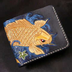 Hand painted golden koi bifold wallet on black leather with white stitching, front view