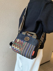 Black Gray Canvas Embroidery Handbag Shoulder Bag Black Gray Canvas Crossbody Bag - Feltify