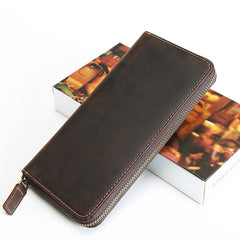 MENS Vintage Coffee LEATHER ZIPPER LONG CLUTCH - Bill Slots Detail