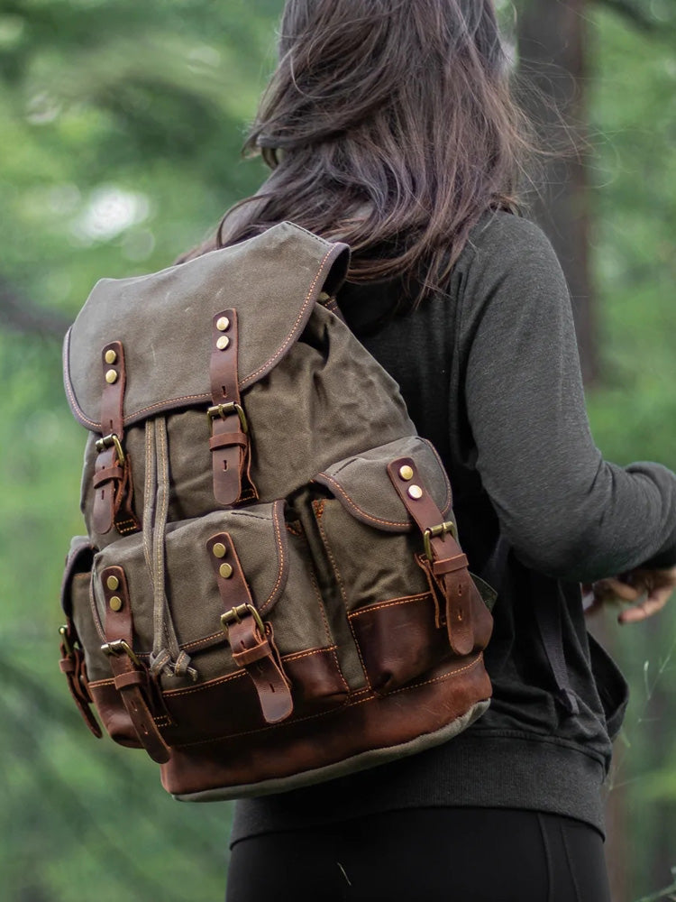 Canvas And Leather Backpack Hiking Backpack for Women Waxed Canvas Backpack With Laptop Compartment