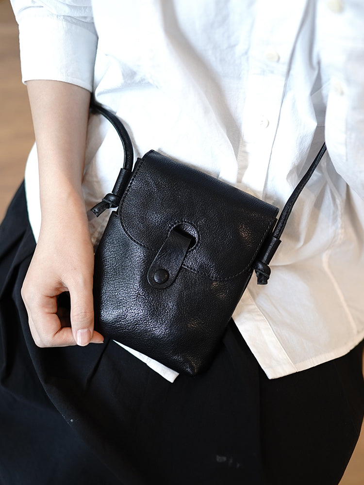 Leather Vertical Crossbody Bag in Black