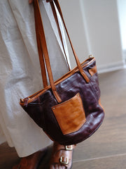 Vintage Brown Leather Stitching Style Shoulder Tote Women Tote Handbag for Women