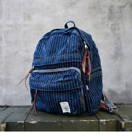 Blue Denim Backpack for Women Striped Jean Backpack Mens Striped Backpack - Feltify