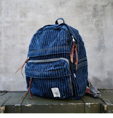Blue Denim Backpack for Women Striped Jean Backpack Mens Striped Backpack - Feltify