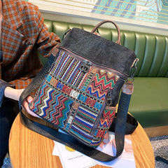 Vintage Convertible Large Boho Style Backpack Black Gray Embroidery Canvas Backpack Boho Crossbody Bag - Feltify