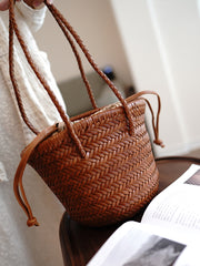 Brown Womens Braided Leather Shoulder Bag Womens Braided Bucket Purse for Ladies