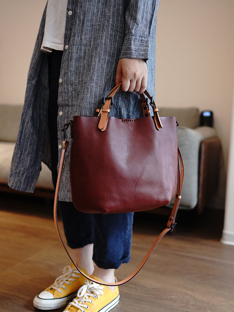 Fashion Classic Red Brown Leather Tote Handbag Women Square