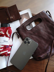 Vintage Womens Brown Leather Small Square Handbag Shoulder Bag Purse for Women