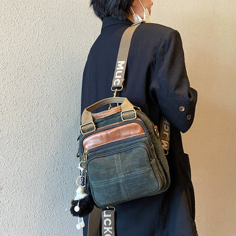 Green Canvas Convertible Vertical Shoulder Bag Womens Backpack Canvas Convertible Crossbody Bag Canvas Handbag