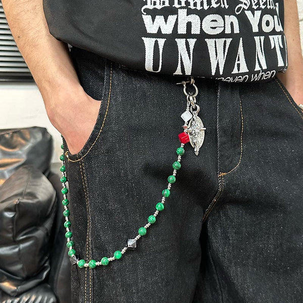 Beaded Wallet Chain Green Stone Long Bead - Back View