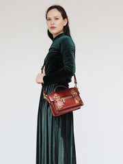 Womens Brown Small Leather Satchel Crossbody Bag Vintage School Handbag Shoulder Bag for Ladies