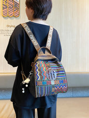 Black Gray Embroidery Canvas Boho Backpack Boho Crossbody Bag for Women - Feltify