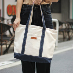 canvas market tote​ Women White&Blue Two Tone Canvas Tote Bags Large Canvas Tote Bag Women 