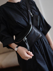 Vintage Womens Black Leather Small Chest Bag Small Sling Bag for Women