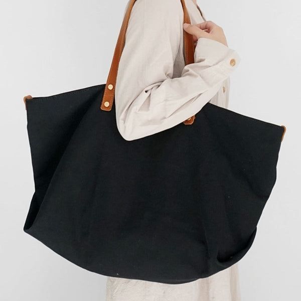 Women Black Canvas Large Shopper Totes Bag - Back View