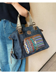 Boho Style Handbag Black Gray Canvas Boho Crossbody Bag Canvas Embroidery Shoulder Bag - Feltify