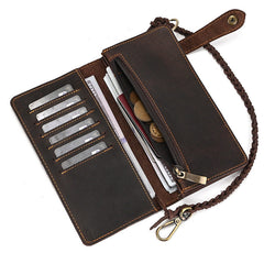 Brown Leather Biker Wallet Biker Chain Wallet with Briaded Leather Wallet Chain - iwalletsmen