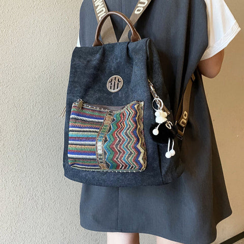 Boho Style Backpack Womens Canvas Backpack Black Gray Embroidery Vintage Boho Backpack - Feltify