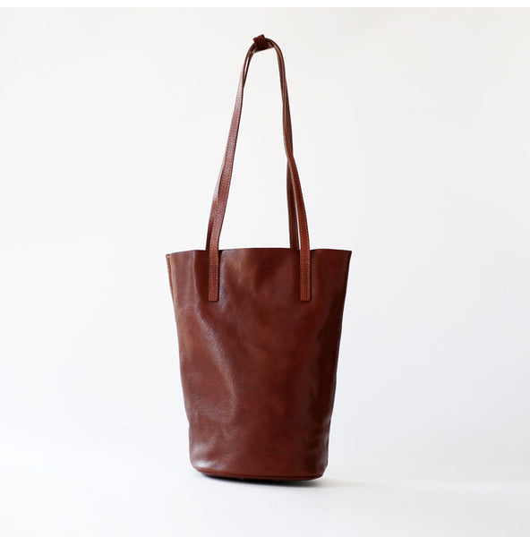 Womens Coffee Leather Bucket Tote Purse Vertical - Back View