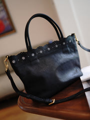 Classic Brown Leather Hollowed Out Flowers Handbag Women Flowers Shoulder Bag for Women