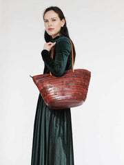 Womens Brown Leather Bucket Tote Purse Vintage Tote Shopper Shoulder Bag for Ladies