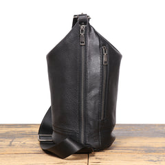 Full Grain Leather Sling Bag Black Leather Men's Sling Bag Barrel Sling Bag for Men - iwalletsmen