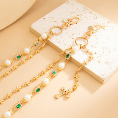 Pearl Wallet Chain Gold Wallet Chain for Women Double Wallet Chain with Cross - iChainWallets