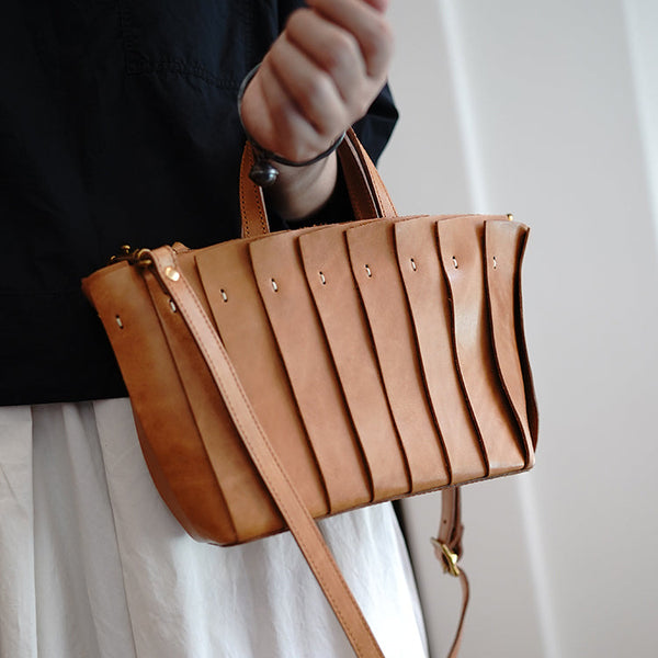 Vintage Brown Leather Splicing Handbag Tote Women - Bill Slots Detail