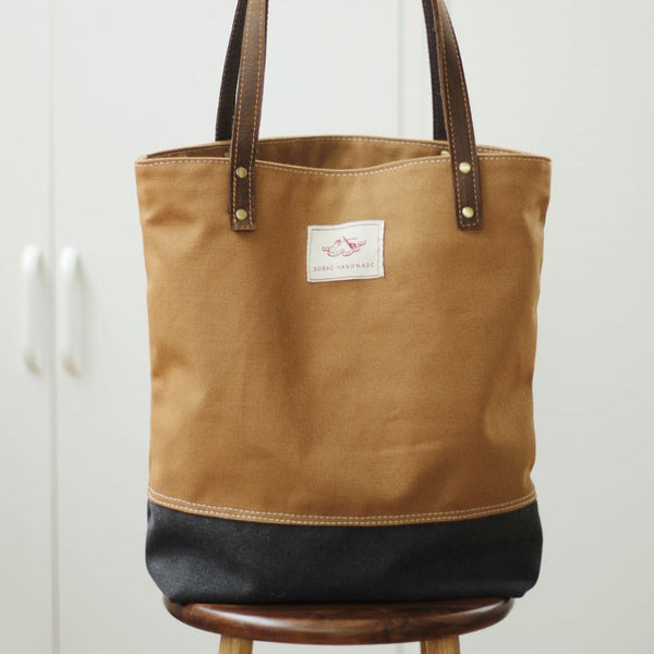 canvas tote bag leather​ Canvas Tote Leather Straps Women Khaki&Black Leather Handle Canvas Tote Bag - EverHandmade
