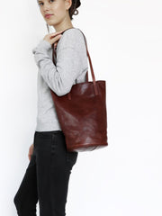 Womens Coffee Leather Bucket Tote Purse Vertical Tote Shopper Shoulder Bag for Ladies