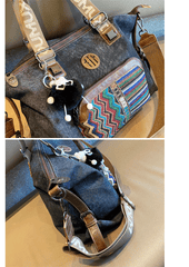 Boho Style Handbag Black Gray Canvas Boho Crossbody Bag Canvas Embroidery Shoulder Bag - Feltify