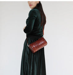 Womens Coffee Small Leather Barrel Crossbody Bag Vintage Barrel Shoulder Bags for Ladies