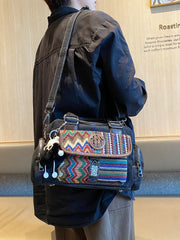 Black Gray Boho Handbag Canvas Embroidery Shoulder Bag Black Gray Canvas Crossbody Bag - Feltify