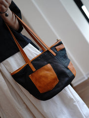 Vintage Brown Leather Stitching Style Shoulder Tote Women Tote Handbag for Women
