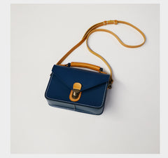 Handmade Womens Navy Leather Cube Satchel Purse Womens School Shoulder Bag for Ladies