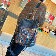 Vintage Convertible Large Boho Style Backpack Black Gray Embroidery Canvas Backpack Boho Crossbody Bag - Feltify