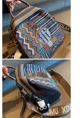 Black Gray Embroidery Canvas Boho Backpack Boho Crossbody Bag for Women - Feltify