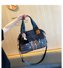 Black Gray Canvas Ladies Handbags Boho Crossbody Bag Boho Handbag Canvas Boho Shoulder Bag - Feltify