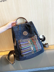 Boho Style Backpack Womens Canvas Backpack Black Gray Embroidery Vintage Boho Backpack - Feltify