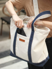 Womens White&Blue Shopping Canvas Tote Bag White Large Canvas Book Tote