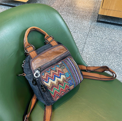 Canvas Convertible Boho Backpack Crossbody Bag Black Gray Canvas Convertible Boho Crossbody Handbags - Feltify