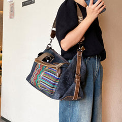 Boho Style Handbag Black Gray Canvas Boho Crossbody Bag Canvas Embroidery Shoulder Bag - Feltify