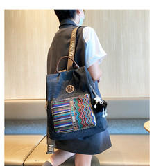 Boho Style Backpack Womens Canvas Backpack Black Gray Embroidery Vintage Boho Backpack - Feltify