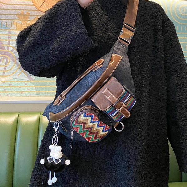 Canvas Boho Sling Bag Womens Crossbody Backpack Canvas Boho Embroidery Waist Bag - Feltify